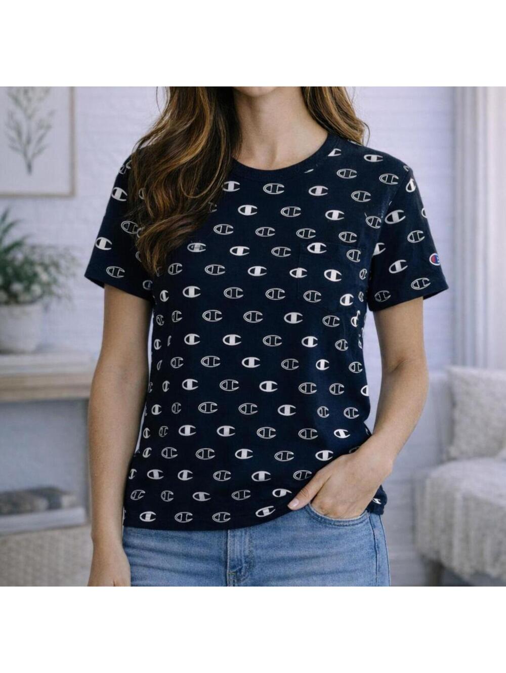 Champion All Over Logo Print T-Shirt – Black – Women’s M